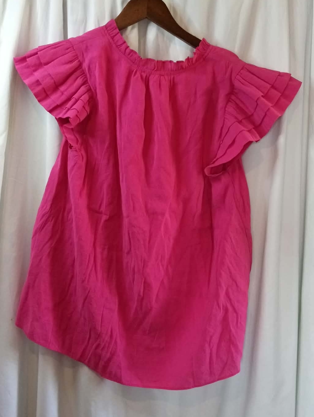 JODIFL Large Hot Pink Pleated Sleeve V-Neck Tie Shirt Flowy Summer Boho Casual - Picture 2 of 5